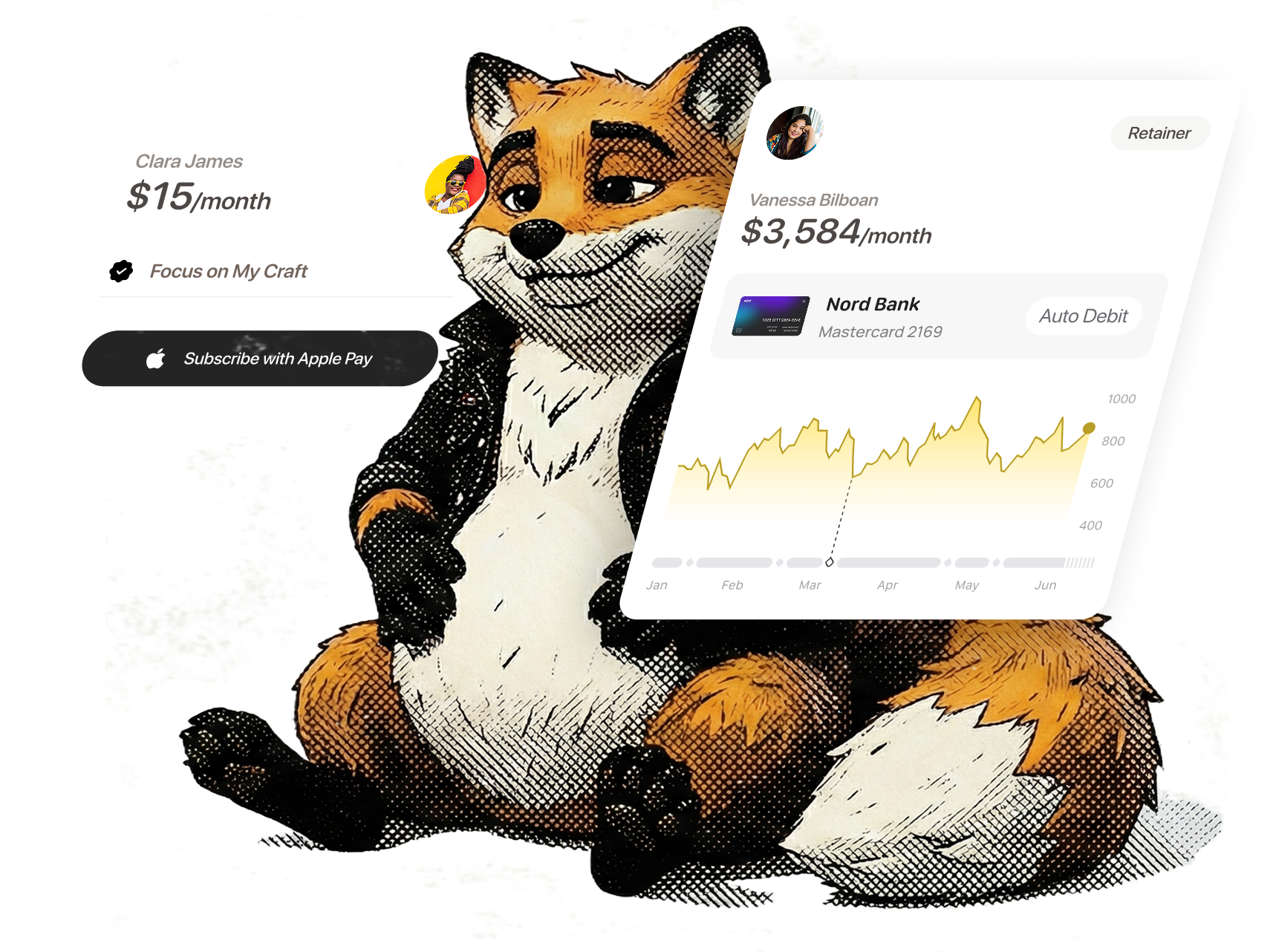 Nate subscription cards with fox mascot