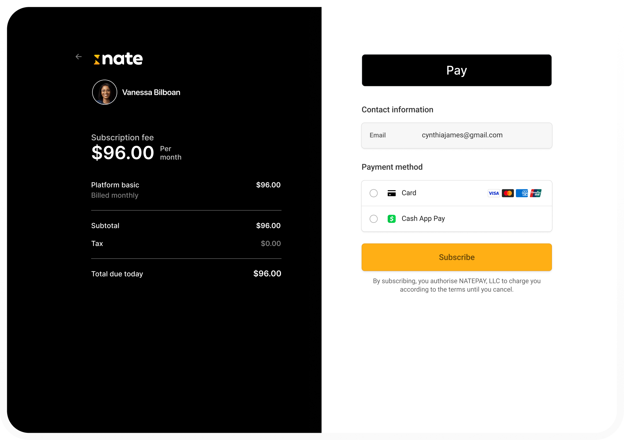 NatePay checkout with Stripe payment form