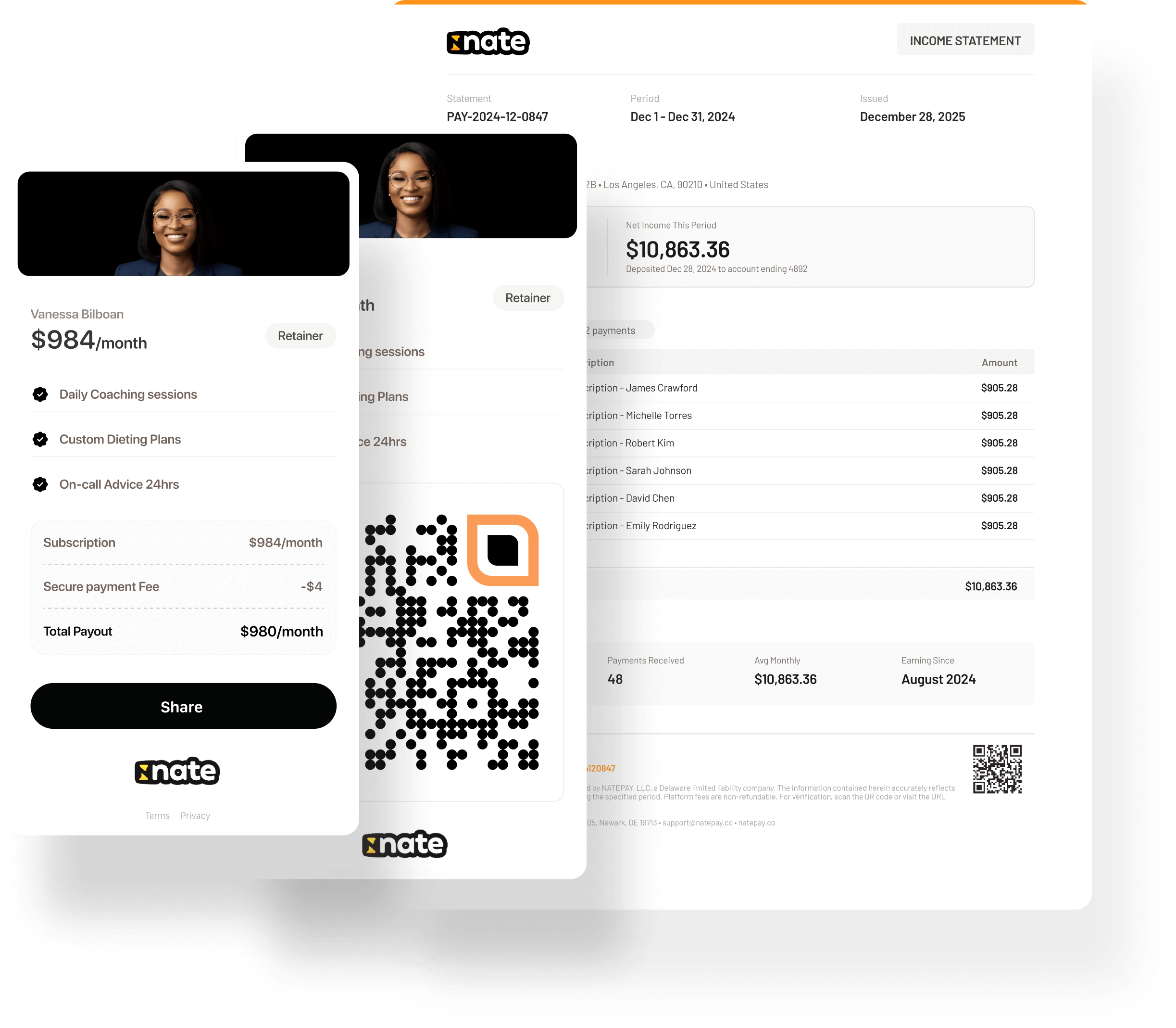 Subscription card, income statement, and QR code mockups